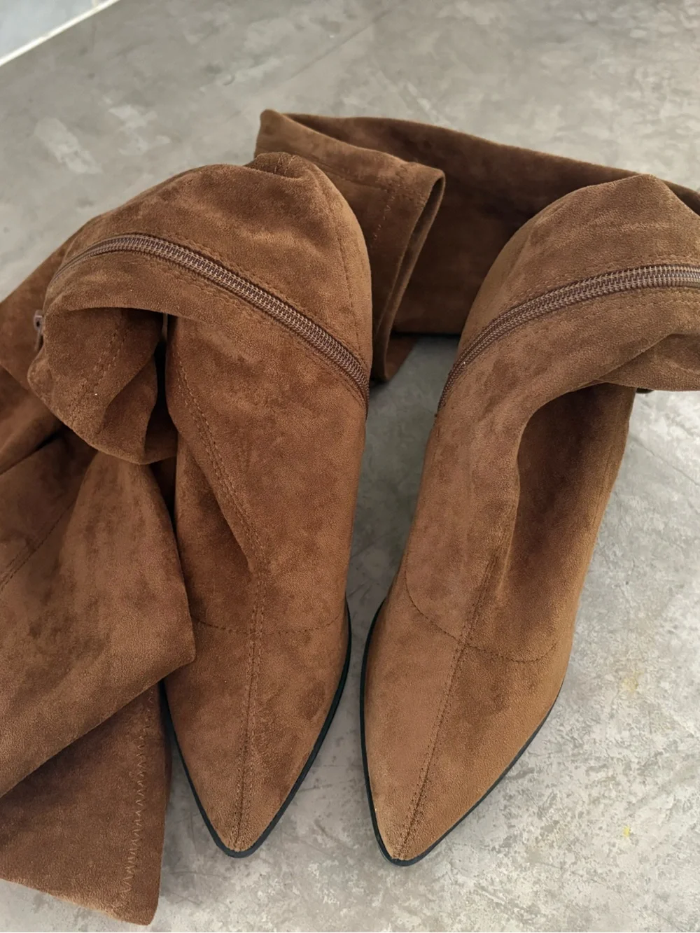 So Me Brown Slouchy Over-the-Knee Suede Pointed-Toe Heeled Boots